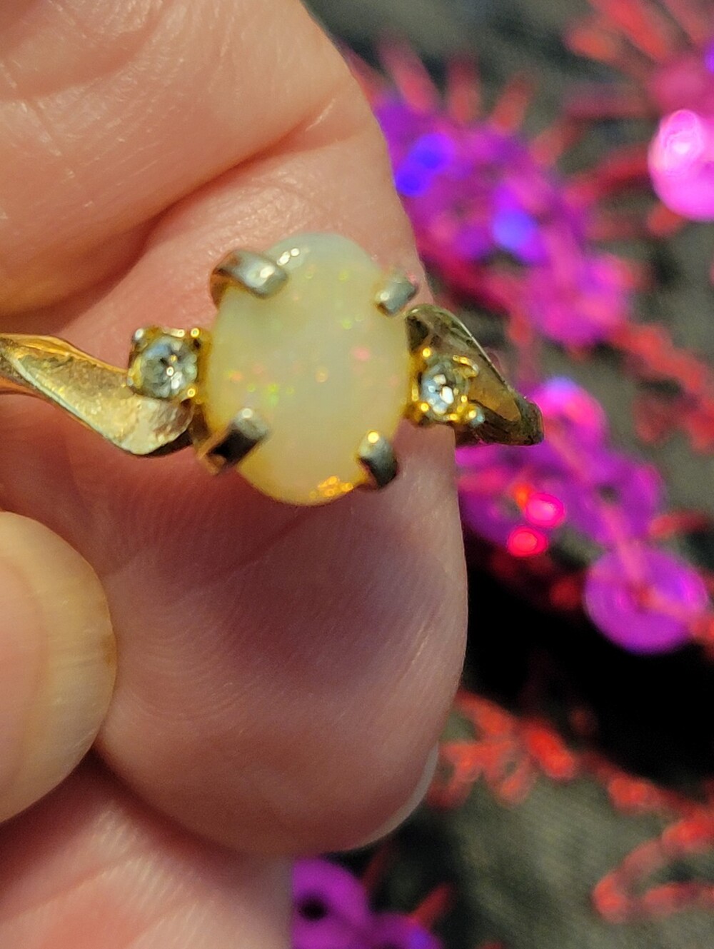 Gold Opal Solitaire Ring with Side Stones - White Opal